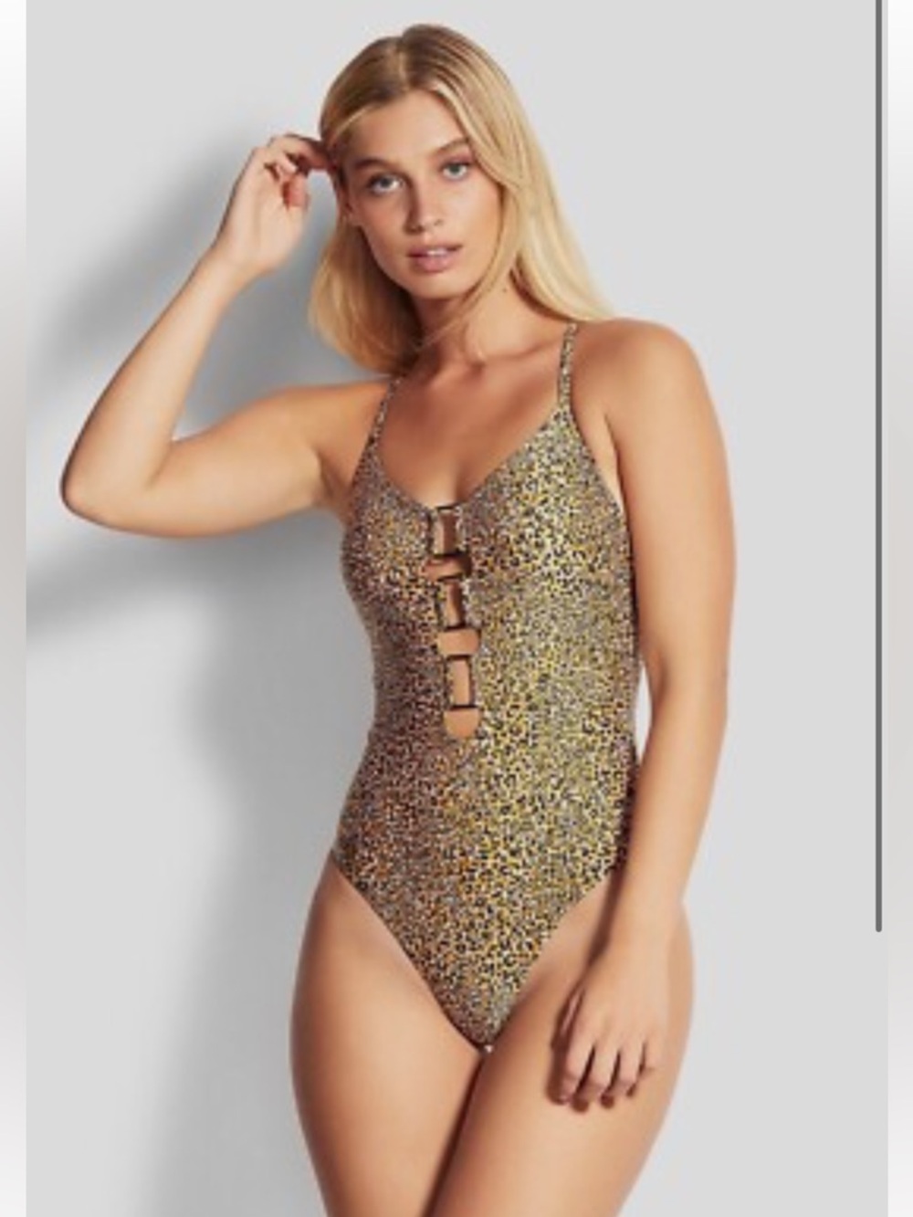 Seafolly Spirit Animal Ring Front Gold and Navy Leopard Print One-Piece Swimsuit